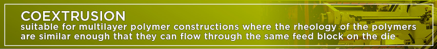 Coextrusion-suitable for multilayer polymer constructions where the rheology of the polymers are similar enough that they can flow through the same feedblock